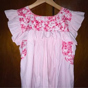 Mi Golondrina Pink & White Striped Embroidered Dress - L